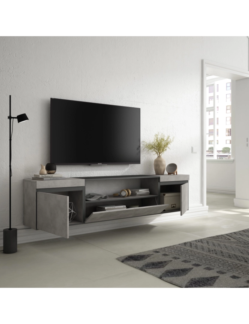 imagem de SKRAUT HOME - Móvel de TV - Muito espaço de arrumação - 200x45x35cm - Para televisores até 80" - Suspensos - Estilo moderno - Cimento3