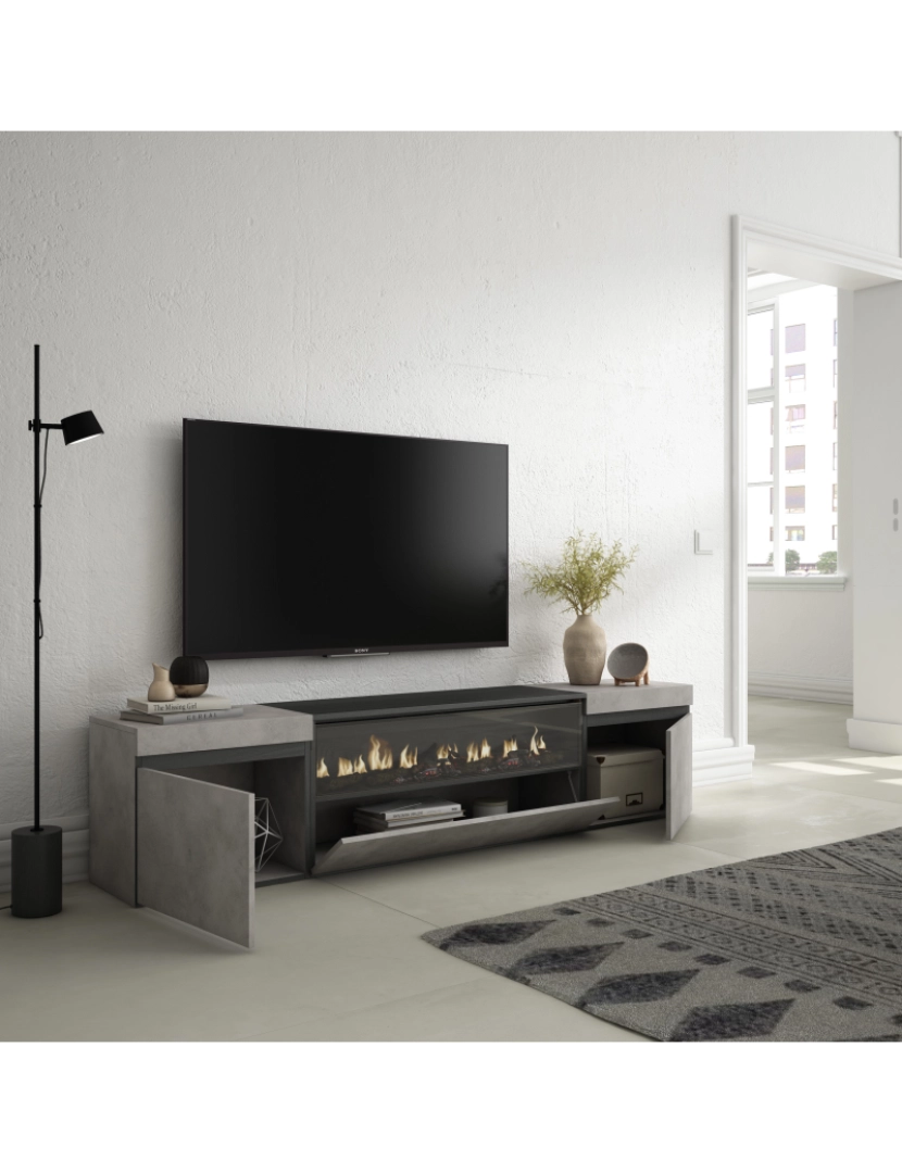 imagem de SKRAUT HOME - Móvel de TV - Muito espaço de arrumação - 200x45x35cm - Para televisores até 80" - Lareira eléctrica - Estilo moderno - Cimento3