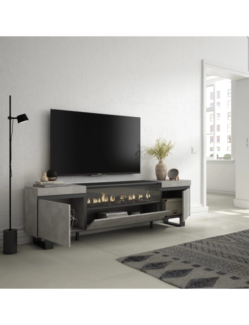 imagem de SKRAUT HOME - Móvel de TV - Muito espaço de arrumação - 200x57x35cm - Para televisores até 80" - Lareira eléctrica - Design industrial - Estilo moderno - Cimento3