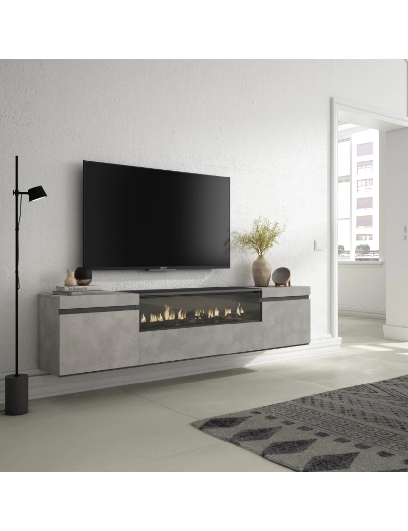 imagem de SKRAUT HOME - Móvel de TV - Muito espaço de arrumação - 200x45x35cm - Para televisores até 80" - Lareira eléctrica - Suspensos - Estilo moderno - Cimento2