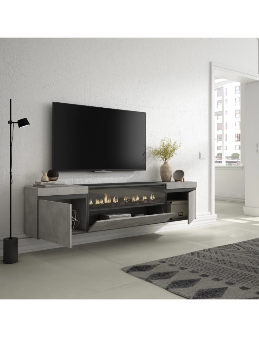 imagem de SKRAUT HOME - Móvel de TV - Muito espaço de arrumação - 200x45x35cm - Para televisores até 80" - Lareira eléctrica - Suspensos - Estilo moderno - Cimento3