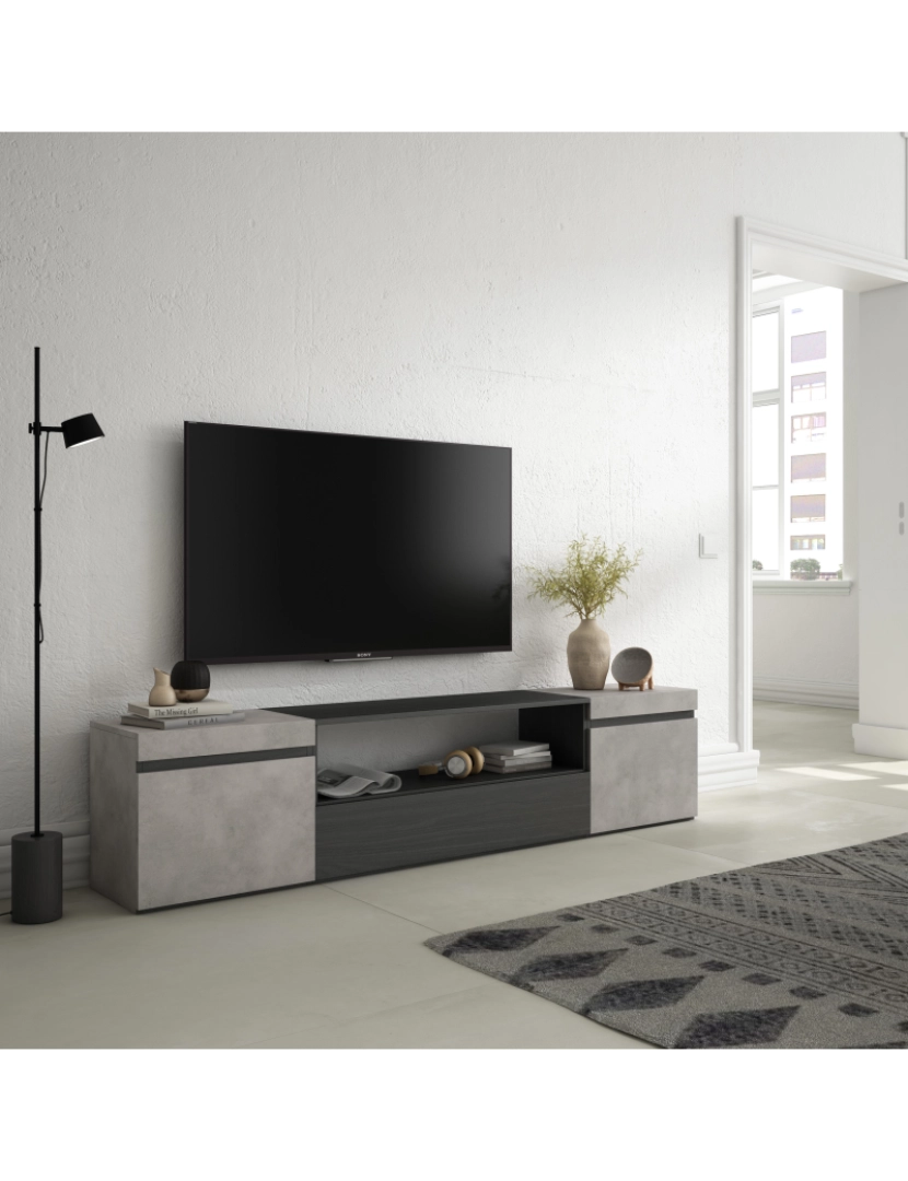 imagem de SKRAUT HOME - Móvel de TV - Muito espaço de arrumação - 200x45x35cm - Para televisores até 80" - Estante para TV - Estilo moderno - Cimento2