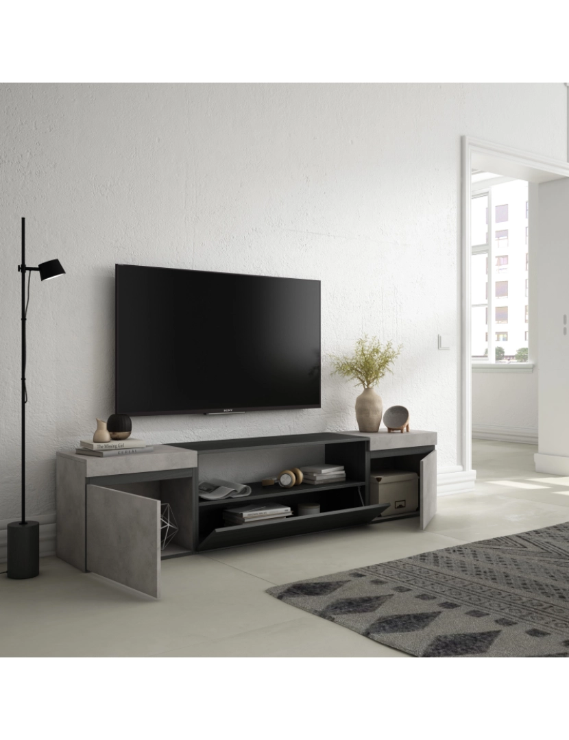 imagem de SKRAUT HOME - Móvel de TV - Muito espaço de arrumação - 200x45x35cm - Para televisores até 80" - Estante para TV - Estilo moderno - Cimento3