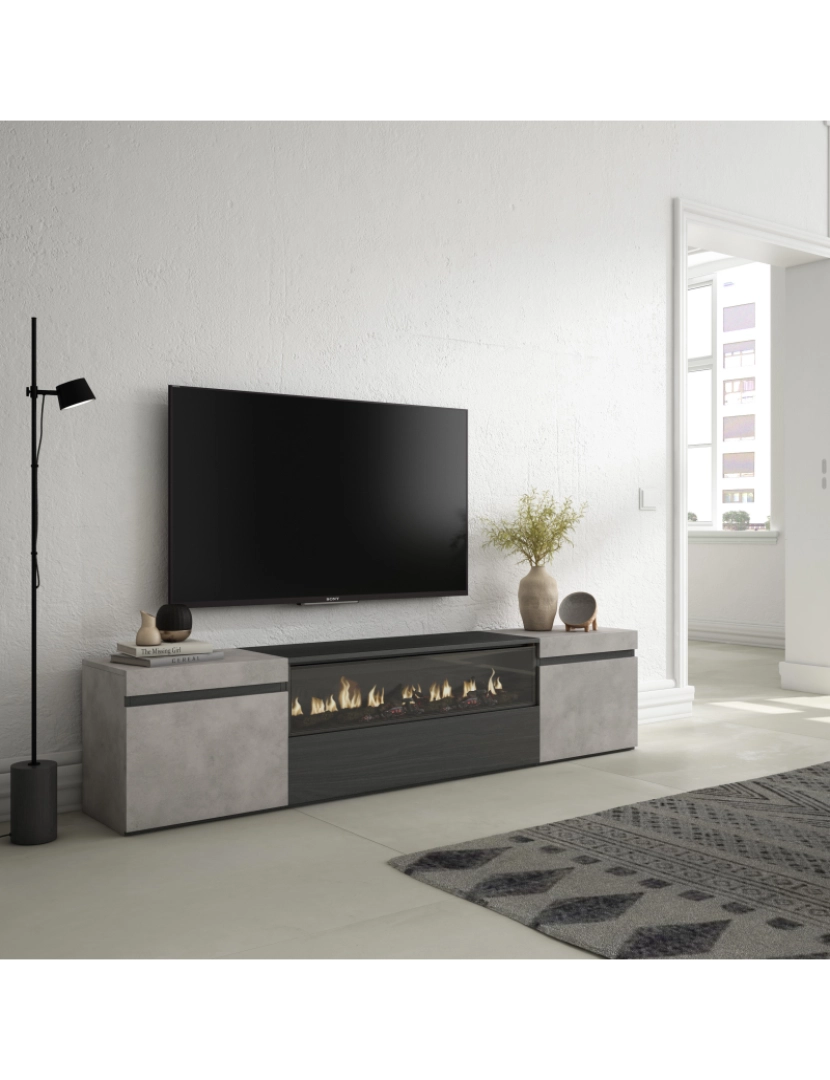 imagem de SKRAUT HOME - Móvel de TV - Muito espaço de arrumação - 200x45x35cm - Para televisores até 80" - Lareira eléctrica - Estilo moderno - Cimento2