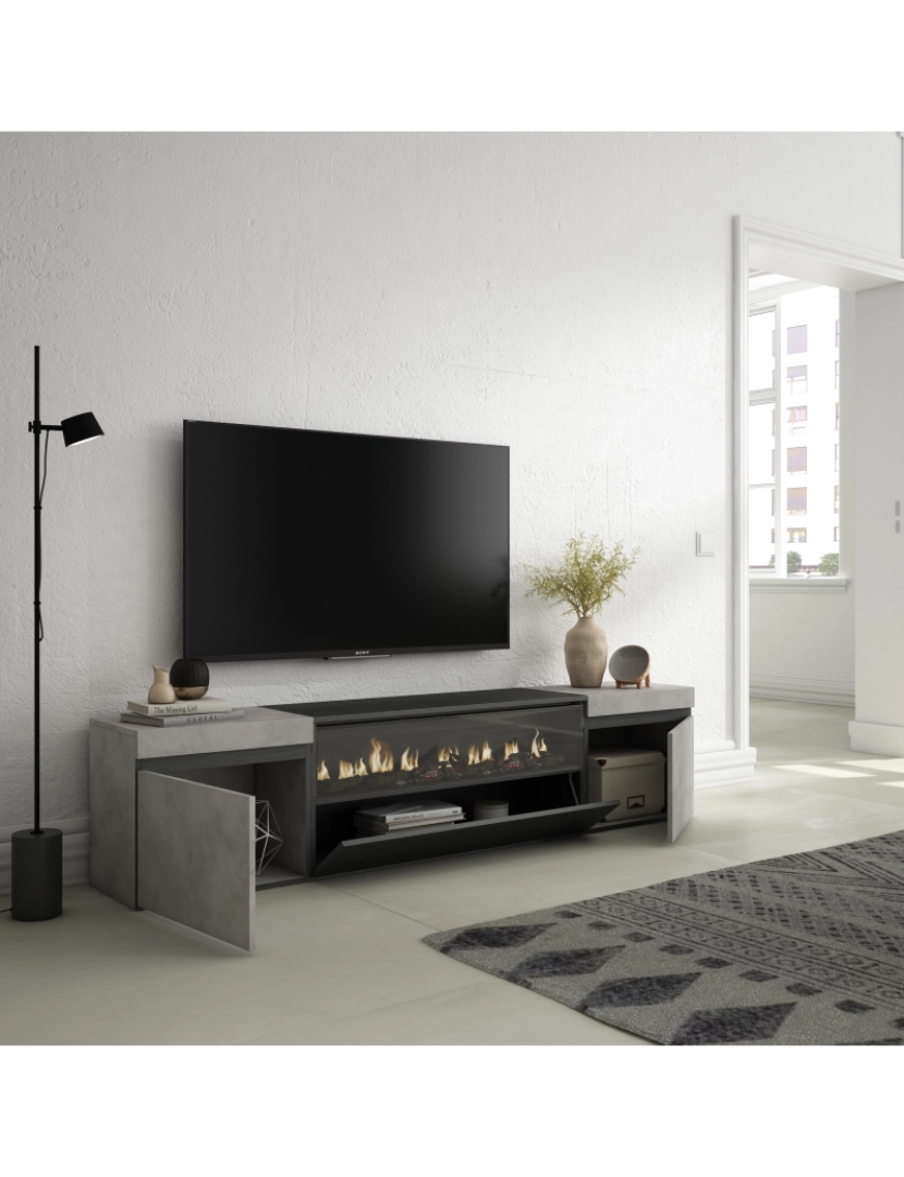 imagem de SKRAUT HOME - Móvel de TV - Muito espaço de arrumação - 200x45x35cm - Para televisores até 80" - Lareira eléctrica - Estilo moderno - Cimento3