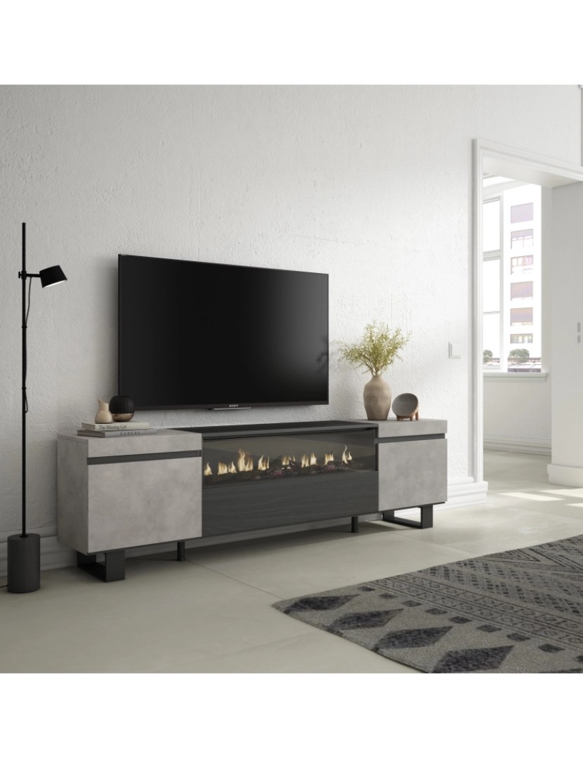 imagem de SKRAUT HOME - Móvel de TV - Muito espaço de arrumação - 200x57x35cm - Para televisores até 80" - Lareira eléctrica - Design industrial - Estilo moderno - Cimento2