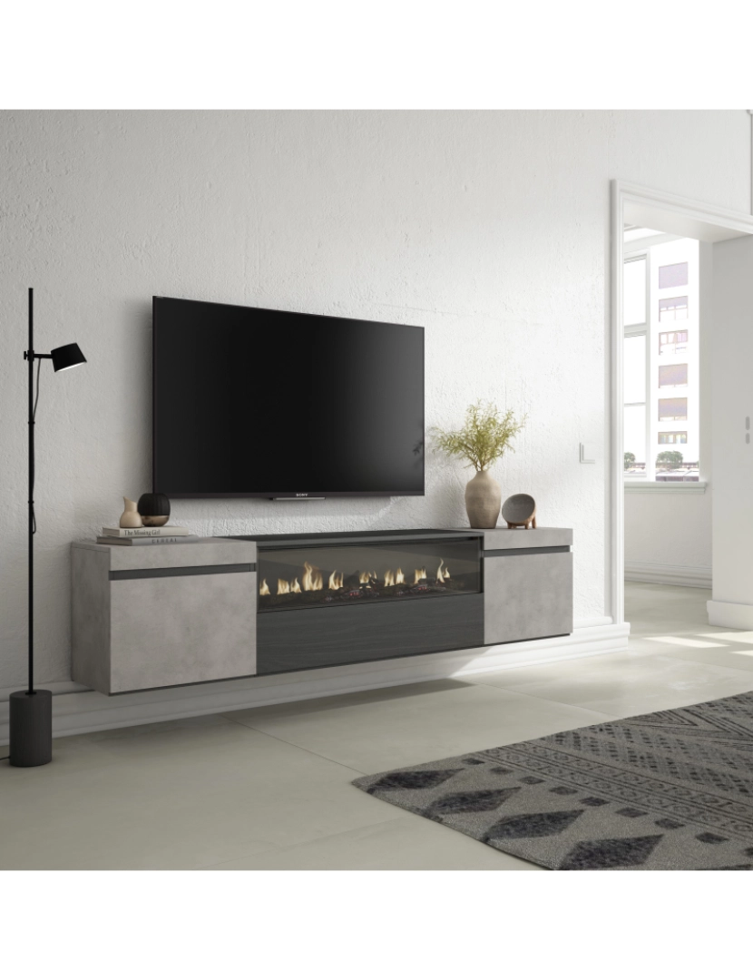 imagem de SKRAUT HOME - Móvel de TV - Muito espaço de arrumação - 200x45x35cm - Para televisores até 80" - Lareira eléctrica - Suspensos - Estilo moderno - Cimento2