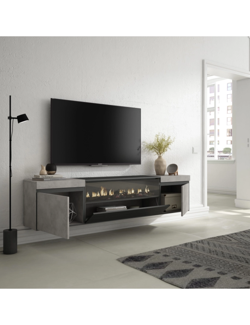 imagem de SKRAUT HOME - Móvel de TV - Muito espaço de arrumação - 200x45x35cm - Para televisores até 80" - Lareira eléctrica - Suspensos - Estilo moderno - Cimento3