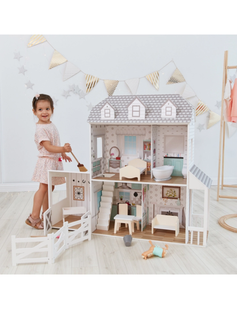 imagem de Teamson Kids Dreamland Farm Dollhouse Com 14 Acessórios, Branco/Gray2