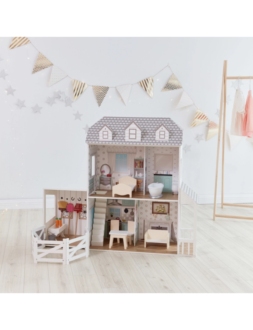 imagem de Teamson Kids Dreamland Farm Dollhouse Com 14 Acessórios, Branco/Gray3