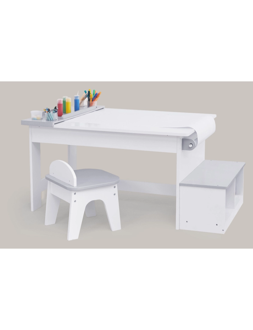 imagem de Campos de fantasia Por Teamson Kids Monet Art Table com rolo de papel e banco, branco1