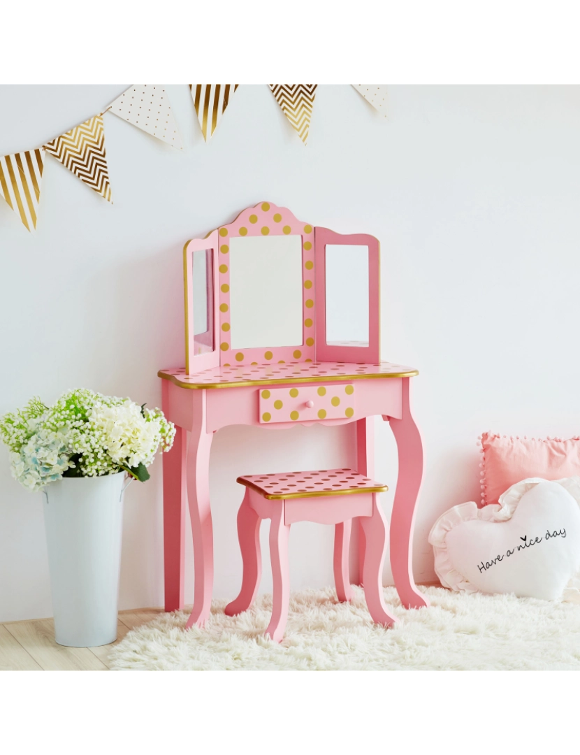 imagem de Teamson Kids Gisele Polka Dot Vanity W/ Mirror & Stool, Ouro rosa / rosa3