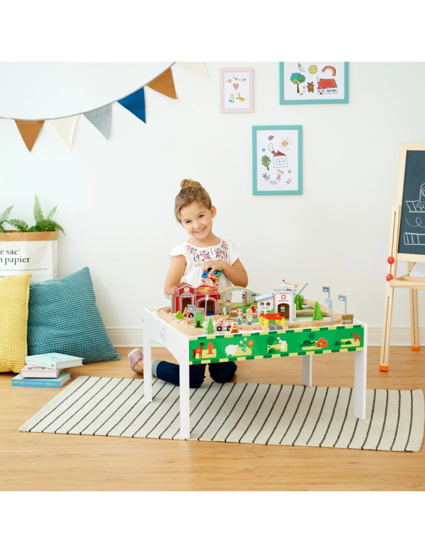 imagem de Mesa de madeira dos brinquedos do laboratório do jogo pré-escolar de Teamson Kids com 85-Pc Train e conjunto da cidade2