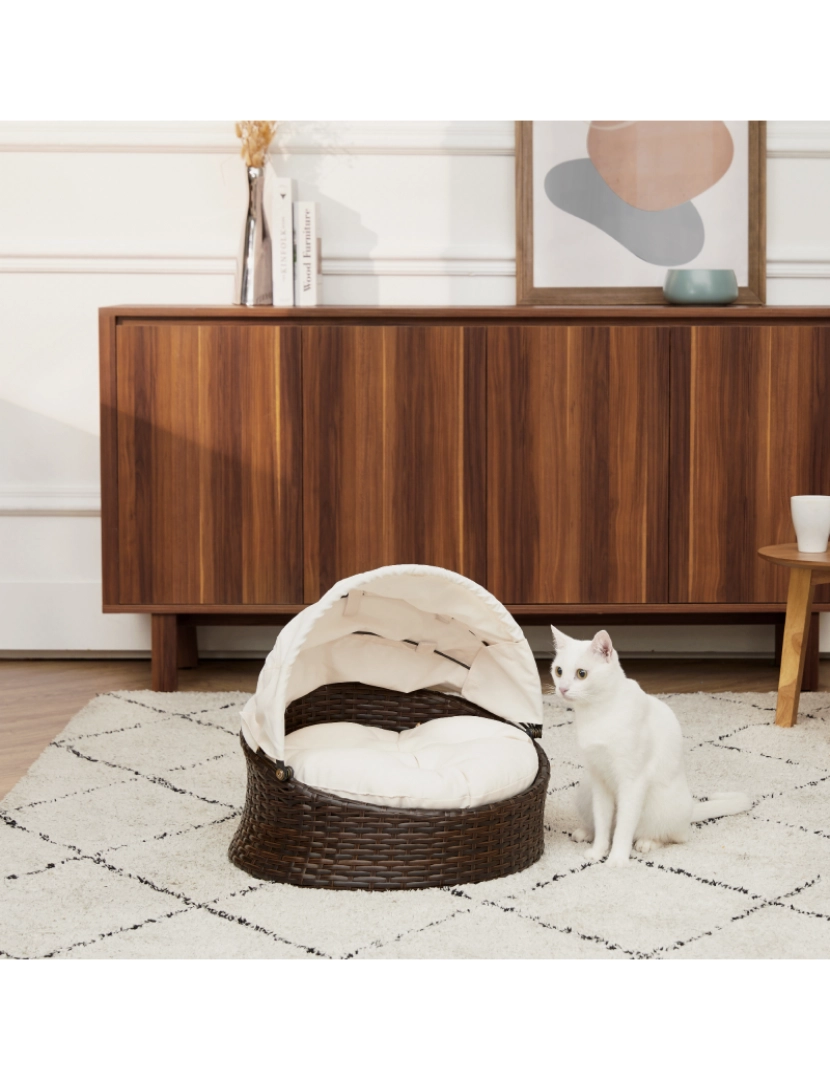 imagem de Cama de cão ou gato de catraca de Rattan interior de Teamson Pets, Canopy & Cushion St-N10004-Uk3