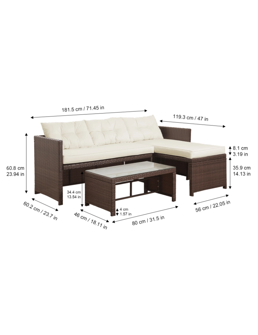 imagem de Mobília do jardim do Teamson Home 3 Pcs, tabela do Rattan & Sofa Conjunto de pátio com almofadas4