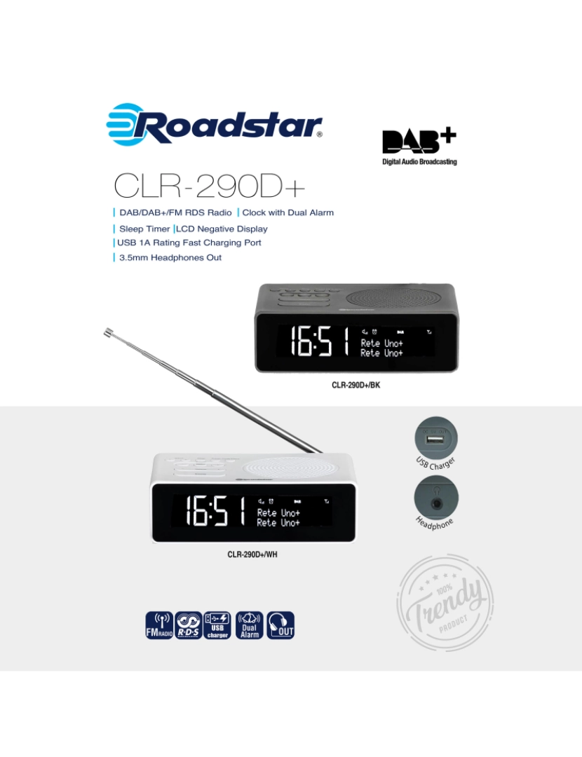 imagem de Rádio Relógio Digital DAB/DAB+/FM, 2 Alarmes, Visor LCD grande, Carregador USB, Função Snooze Roadstar CLR-290D+/WH, Branco2