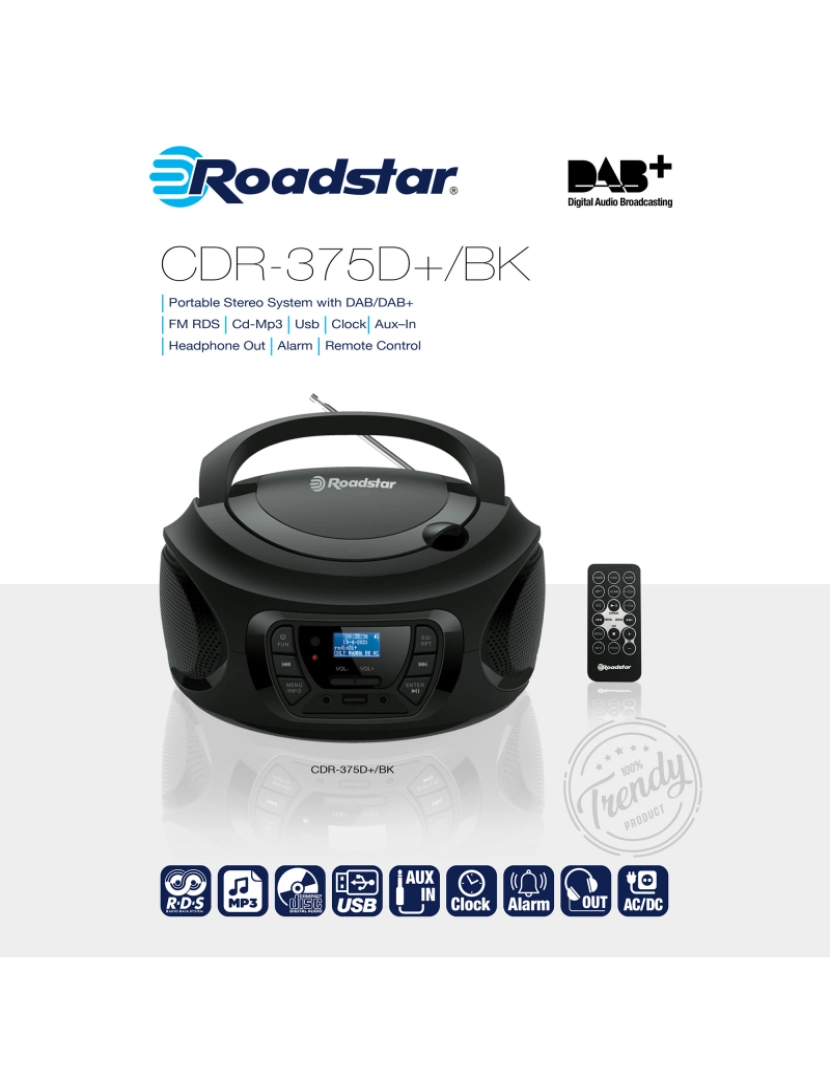imagem de Rádio CD Player Portátil DAB/ DAB+/ FM, Leitor de CD-MP3, USB, Stereo, Controlo Remoto, AUX-IN Roadstar CDR-375D+/BK, Preto2