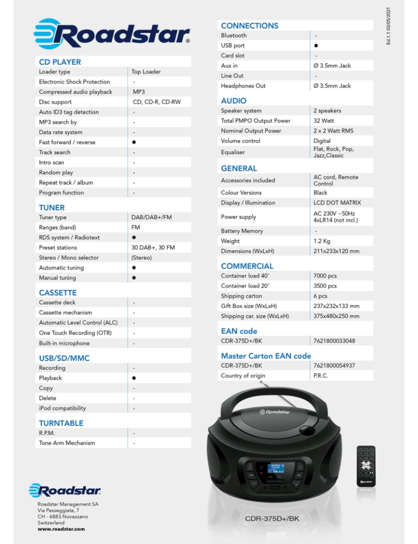 imagem de Rádio CD Player Portátil DAB/ DAB+/ FM, Leitor de CD-MP3, USB, Stereo, Controlo Remoto, AUX-IN Roadstar CDR-375D+/BK, Preto3