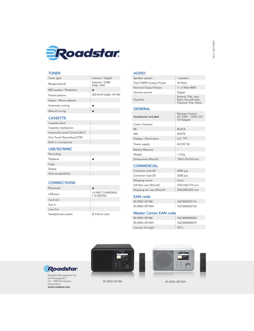 imagem de Rádio Wi-Fi Internet / Digital DAB/ DAB+/ FM, Bluetooth, USB Controlo Remoto, Relógio de Alarme Roadstar IR-390D+BT/WH, Branco3