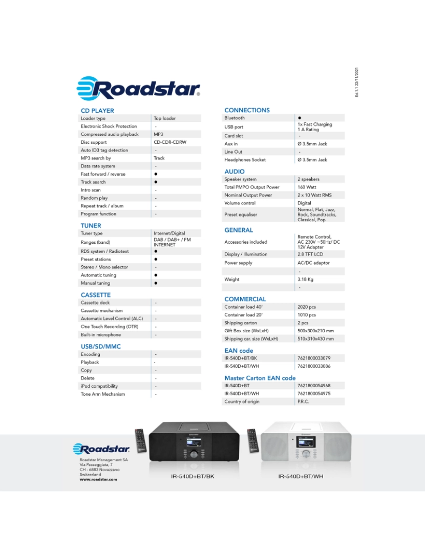 imagem de Micro System Rádio Wi-Fi Internet e Digital DAB+/ FM, Leitor de CD-MP3, Bluetooth, USB Roadstar IR-540D+BTBK, Preto3