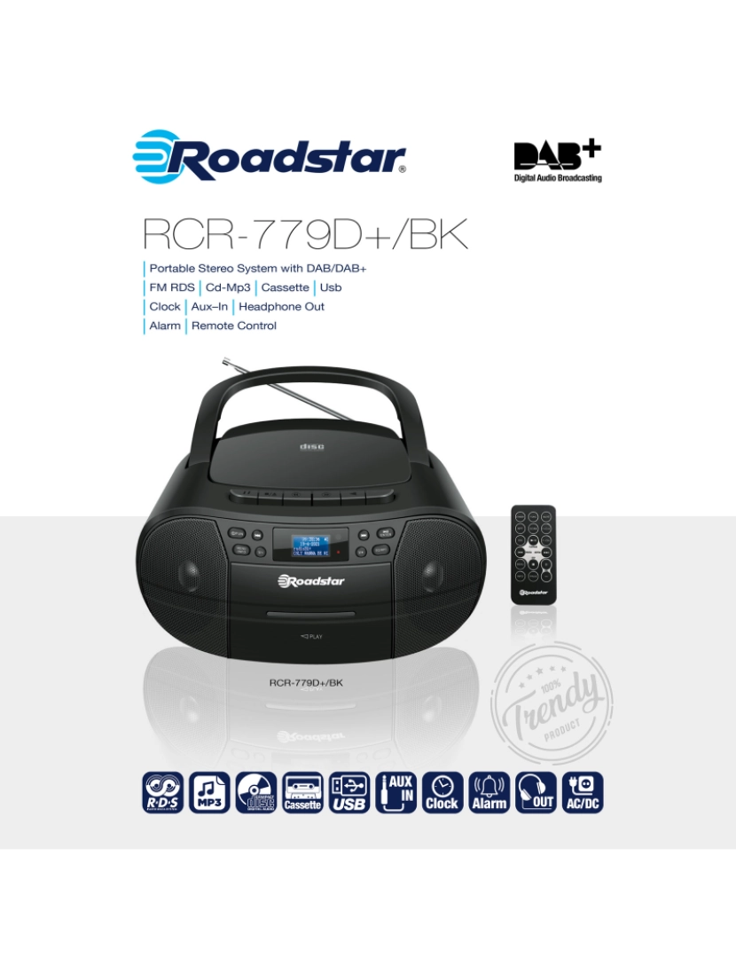 imagem de Rádio CD Player Portátil DAB/ DAB+/ FM, Leitor de CD-MP3, Cassete, USB, Controlo Remoto, AUX-IN Roadstar RCR-779D+/BK, Preto2