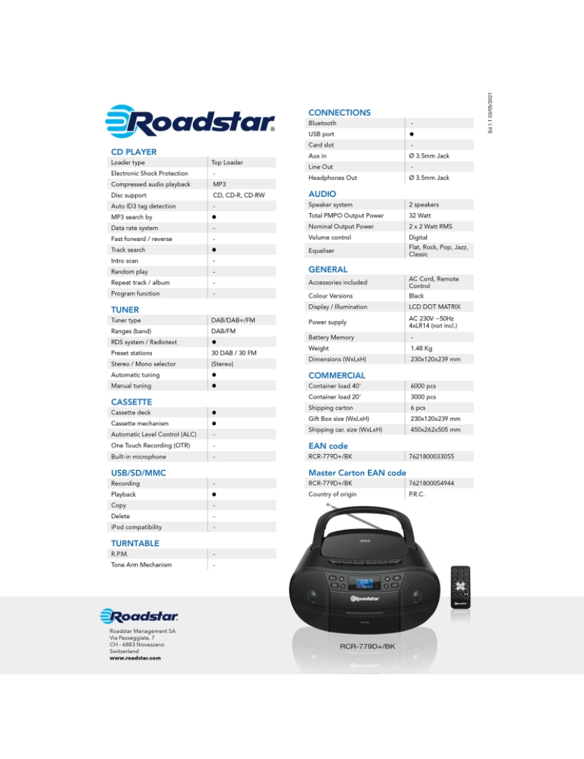 imagem de Rádio CD Player Portátil DAB/ DAB+/ FM, Leitor de CD-MP3, Cassete, USB, Controlo Remoto, AUX-IN Roadstar RCR-779D+/BK, Preto3