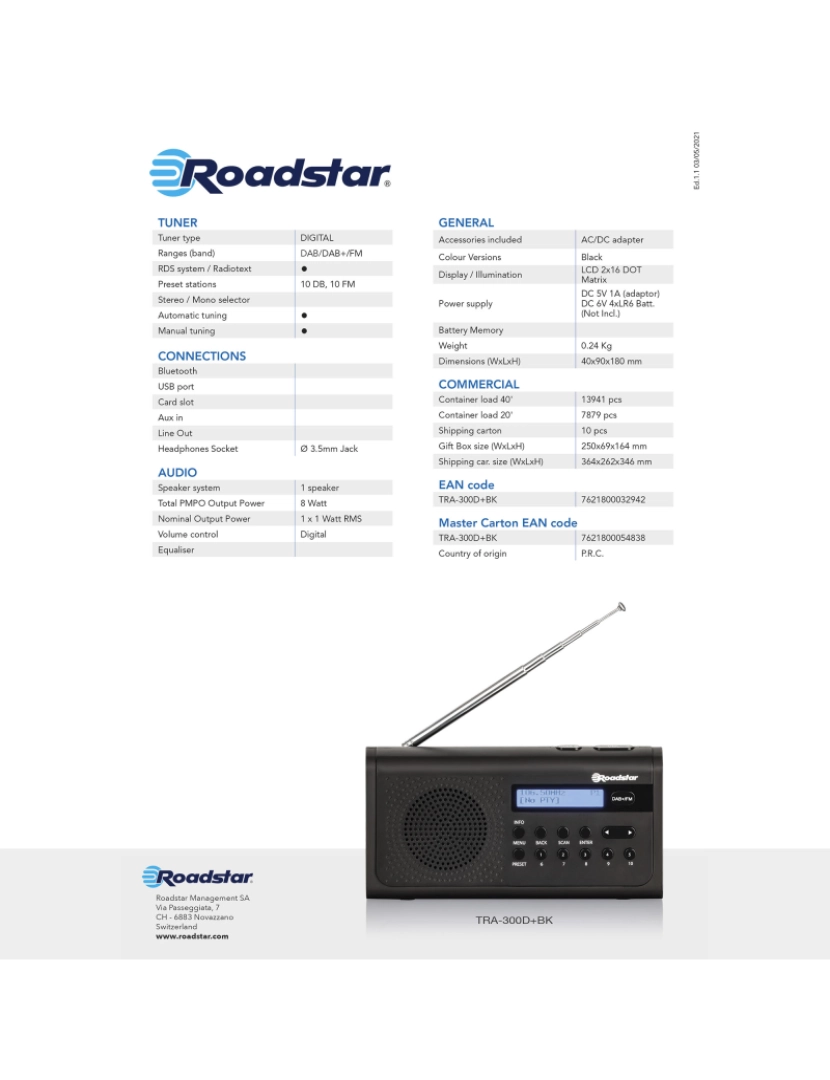 imagem de Rádio Digital Portátil DAB/DAB+/FM Alimentação por Rede / Bateria, Pequeno Leve, Altifalante 8W Roadstar TRA-300D+BK, Preto3