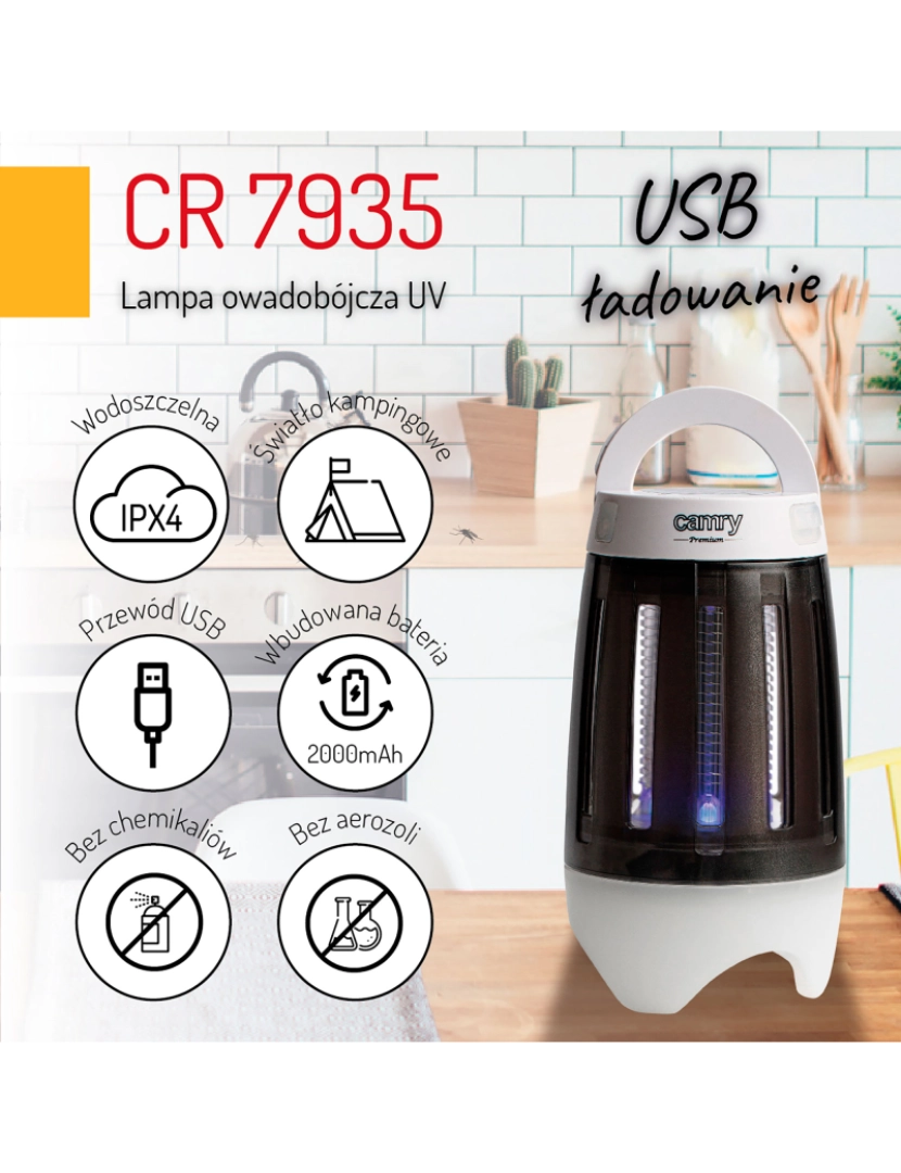 imagem de Lâmpada Mata Insectos e Lâmpada LED Exterior para Campismo 2 em 1, Recarregável, USB Camry CR 7935, Preto branco10