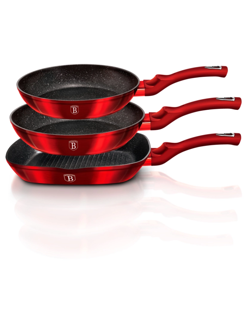 imagem de Conjunto de 2 Frigideiras e 1 Frigideira de Grelha 20-24-28cm Indução, Aluminium Non-stick PFOA Livre Berlinger Haus Burgundy, Vermelho4