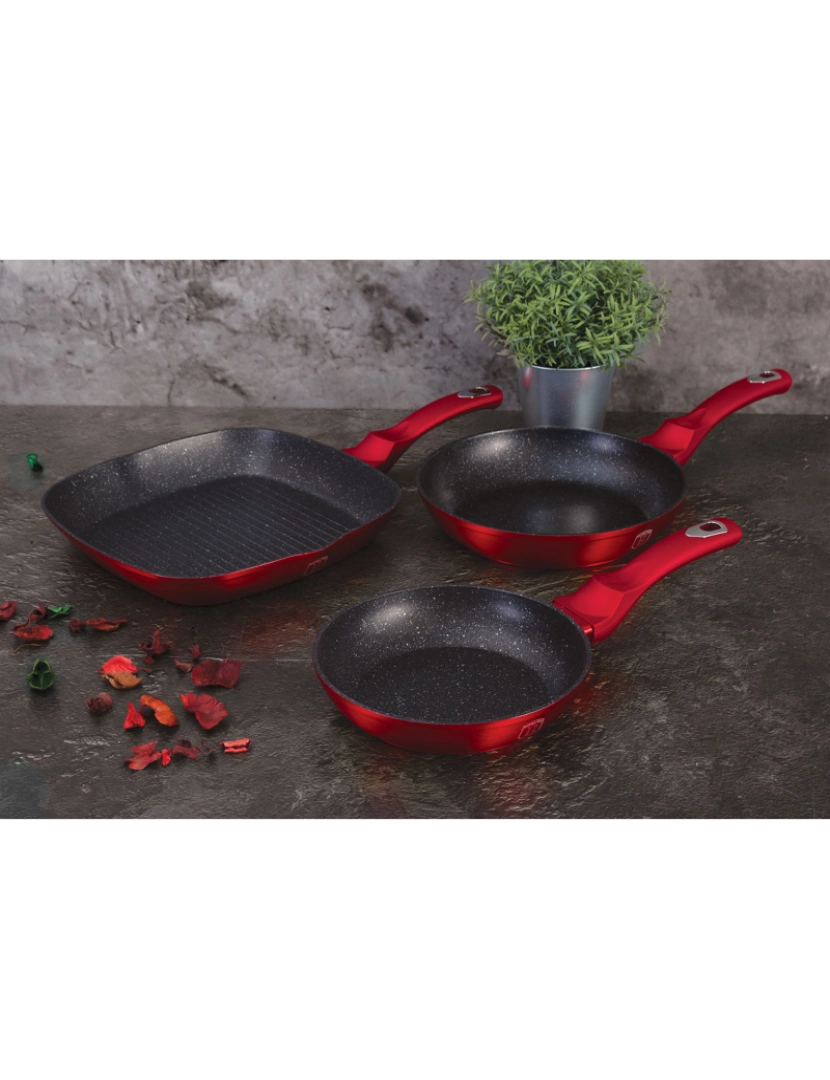 imagem de Conjunto de 2 Frigideiras e 1 Frigideira de Grelha 20-24-28cm Indução, Aluminium Non-stick PFOA Livre Berlinger Haus Burgundy, Vermelho5