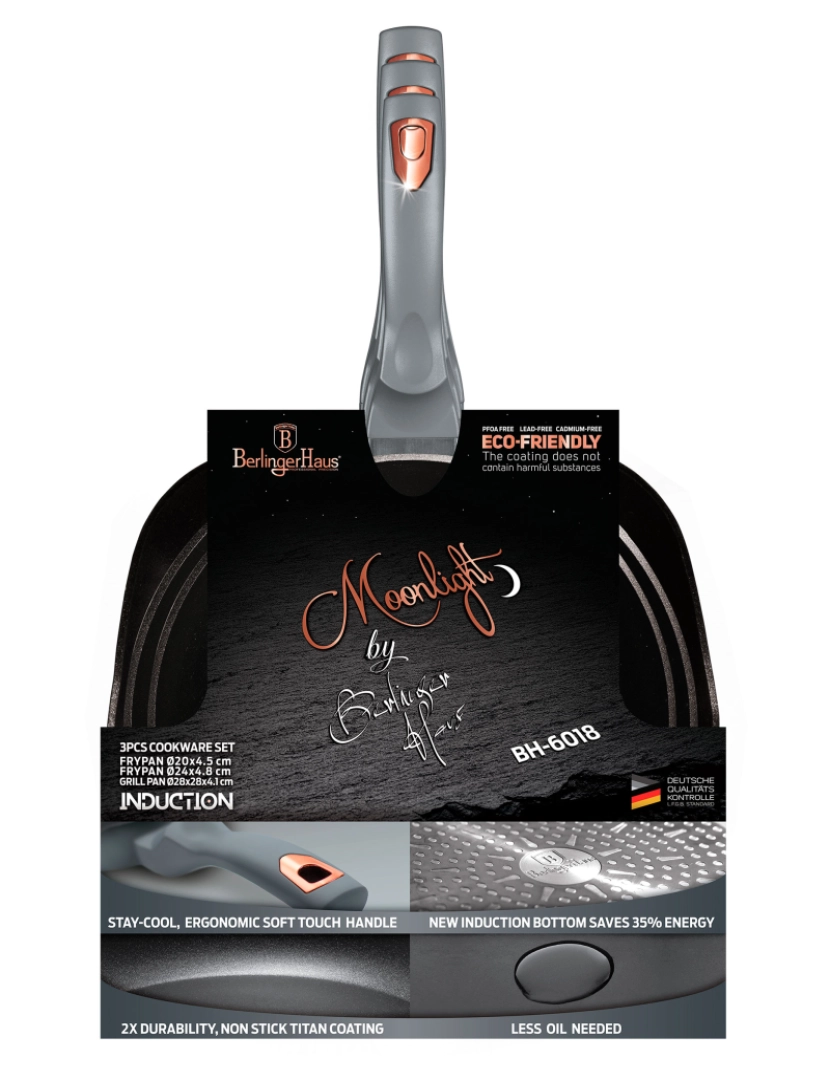 imagem de Conjunto de 2 Frigideiras e Frigideira de Grelha 20-24-28cm Indução, Aluminium Non-stick PFOA Livre Berlinger Haus Moonlight, Cinza4