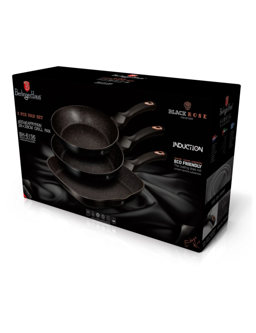 imagem de Conjunto de 2 Frigideiras e Frigideira de Grelha 20-24-28cm Indução, Aluminium Non-stick PFOA Livre Berlinger Haus Black Rose, Preto4