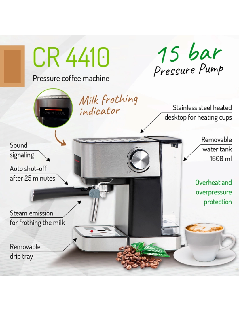 imagem de Máquina de Café Expresso Automática 15 Bars, Tanque de 1,6 L,Bocal para Leite Camry CR 4410 Prata10