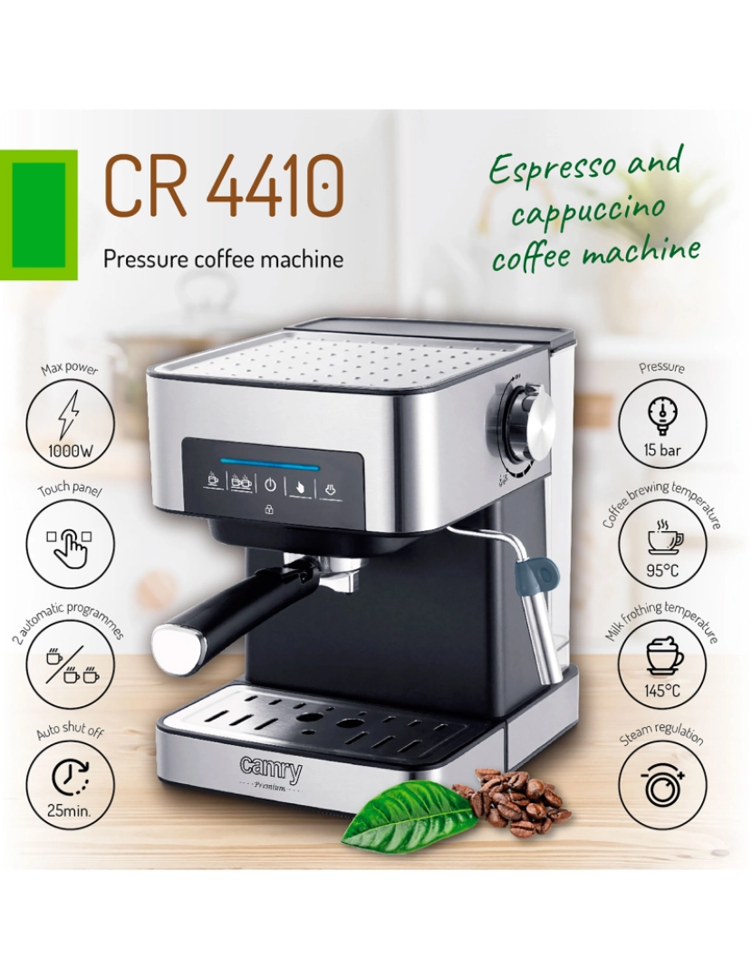 imagem de Máquina de Café Expresso Automática 15 Bars, Tanque de 1,6 L,Bocal para Leite Camry CR 4410 Prata8