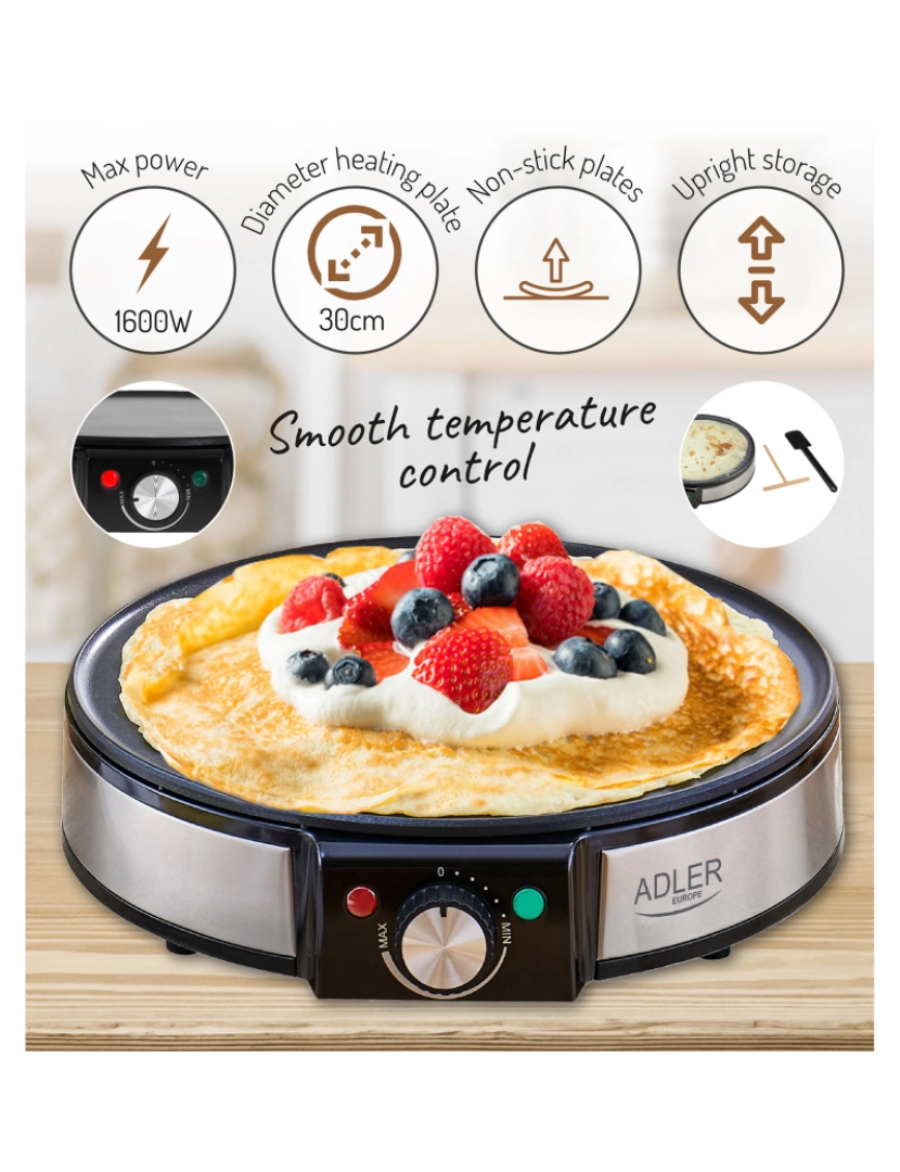 imagem de Máquina de Fazer Crepes, Diámetro 30cm, Placa Antiaderente, Temperatura Ajustável Adler AD3058 Preto7