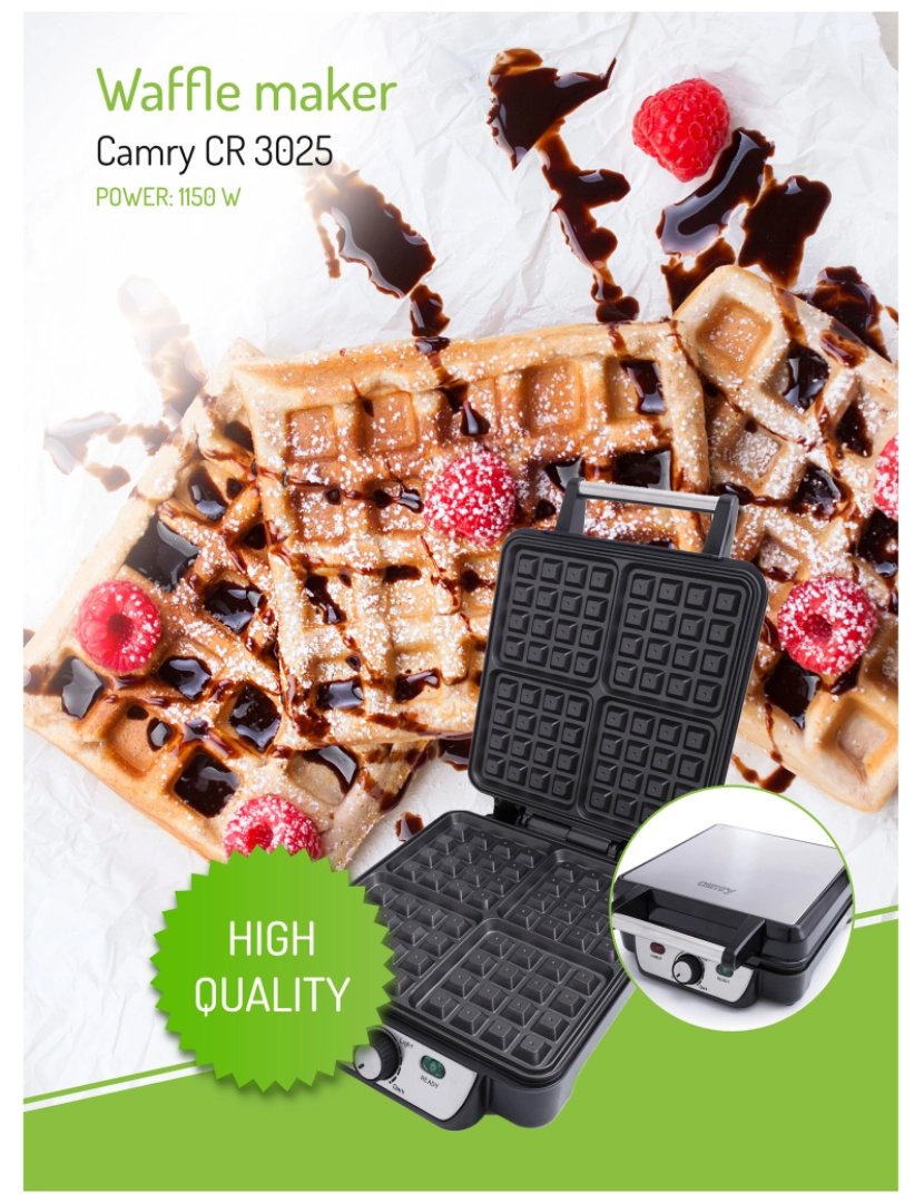 imagem de Máquina de Waffles Eléctrica, 4 Waffles Belgas, Placas Anti-aderentes, Termóstato Ajustável Camry CR 3025 Prata7