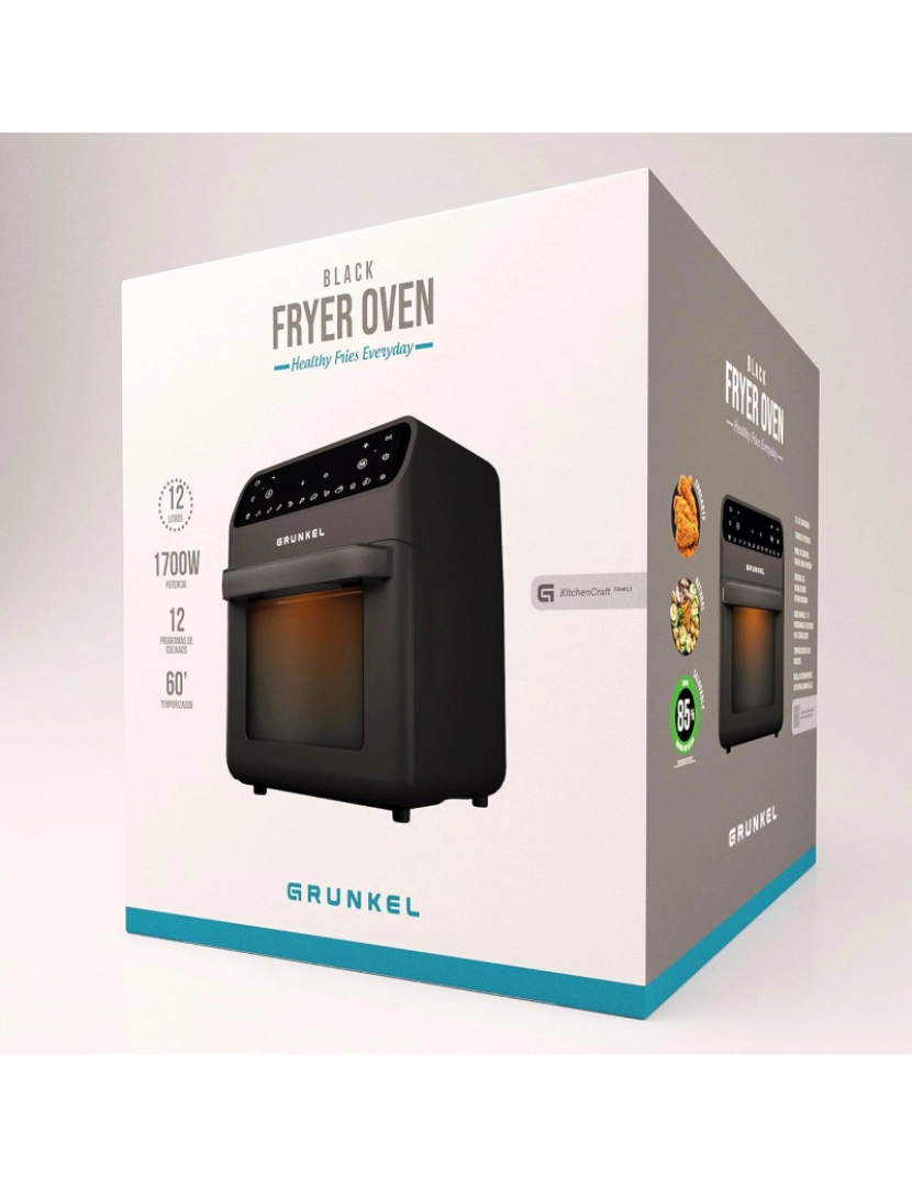 imagem de Grunkel - Fritadeira XXL - Airfryer - FORNO FRITADEIRA 12L e 1500W com painel de controle digital multifuncional e janela de visualização retroiluminada. Temporizador 60 minutos - Preto4