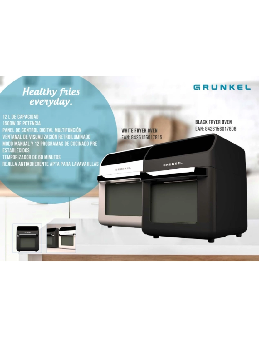 imagem de Grunkel - Fritadeira XXL - Airfryer - FORNO FRITADEIRA 12L e 1500W com painel de controle digital multifuncional e janela de visualização retroiluminada. Temporizador 60 minutos - Preto5