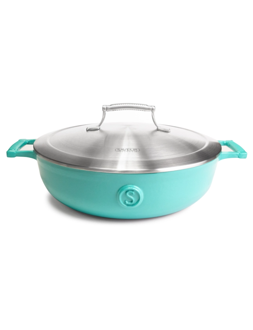 Saveur Selects - Saveur Selects - Série Voyage - Casserole 30Cm - Pan de ferro fundido com tampa leve dupla - Saveur Blue - Adequado para Indução - Garantia de Vida