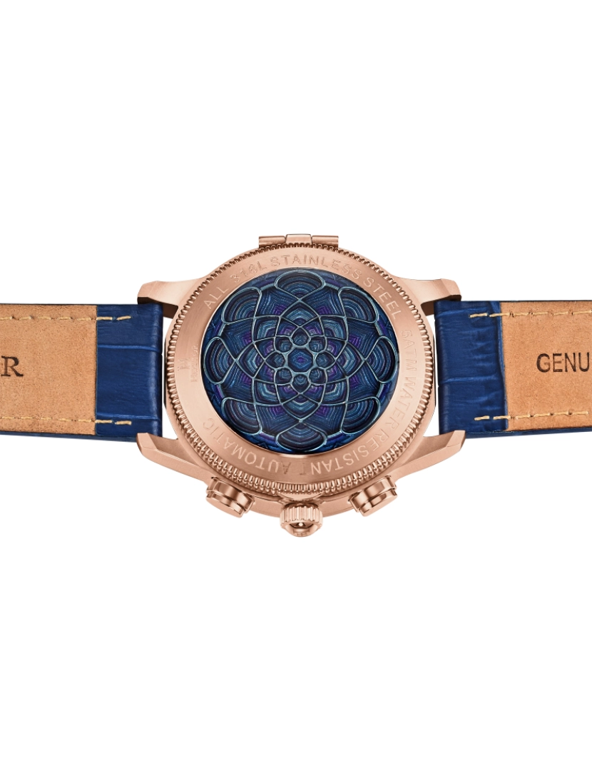 imagem de Relógio Automático Heritor Apóstolo com Pulseira de Couro com Dia/Data - Ouro Rosa/Azul4