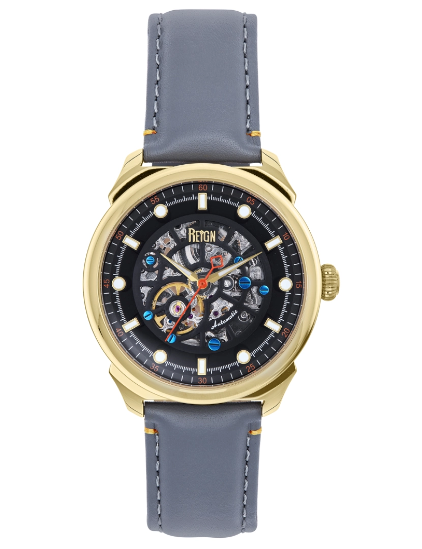 imagem de Relógio automático com pulseira de couro esqueletizado Reign Weston - dourado/cinza1