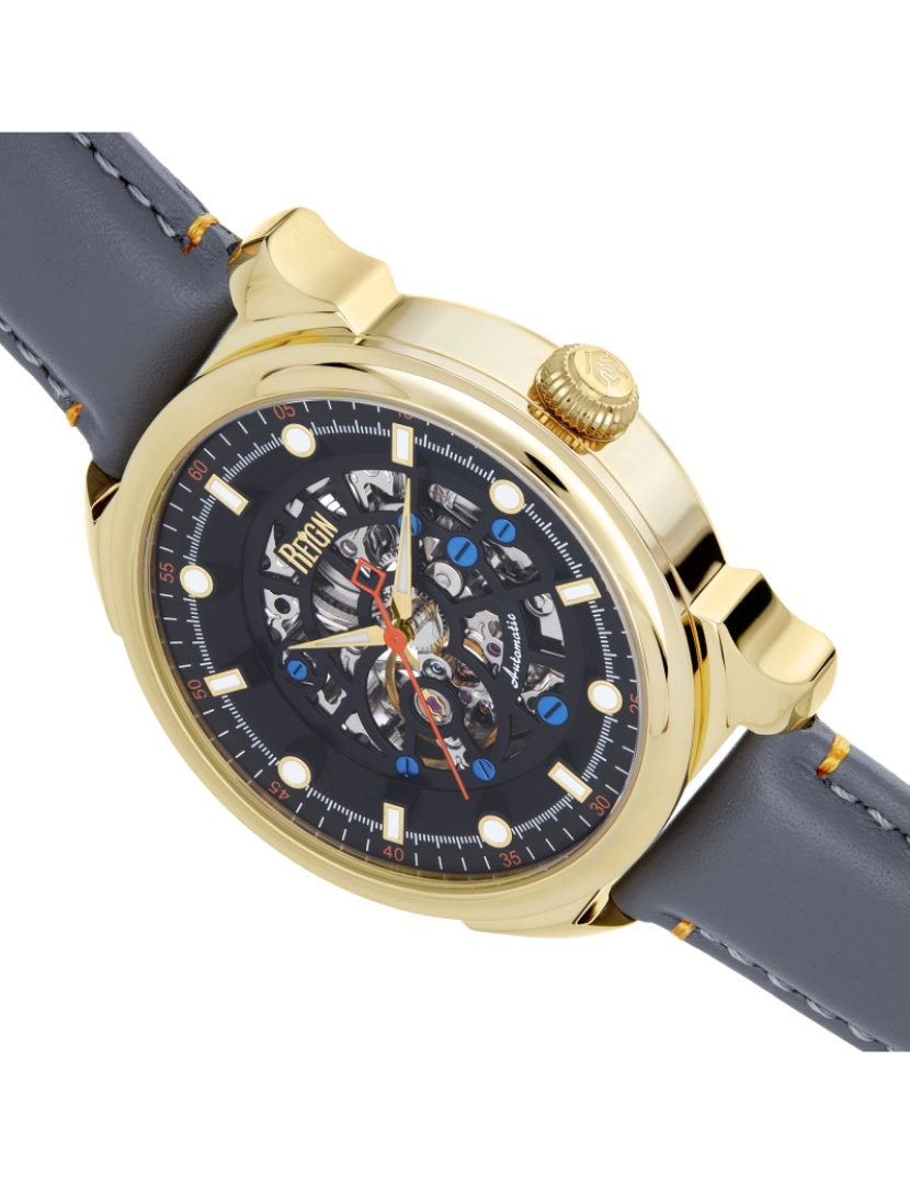 imagem de Relógio automático com pulseira de couro esqueletizado Reign Weston - dourado/cinza2