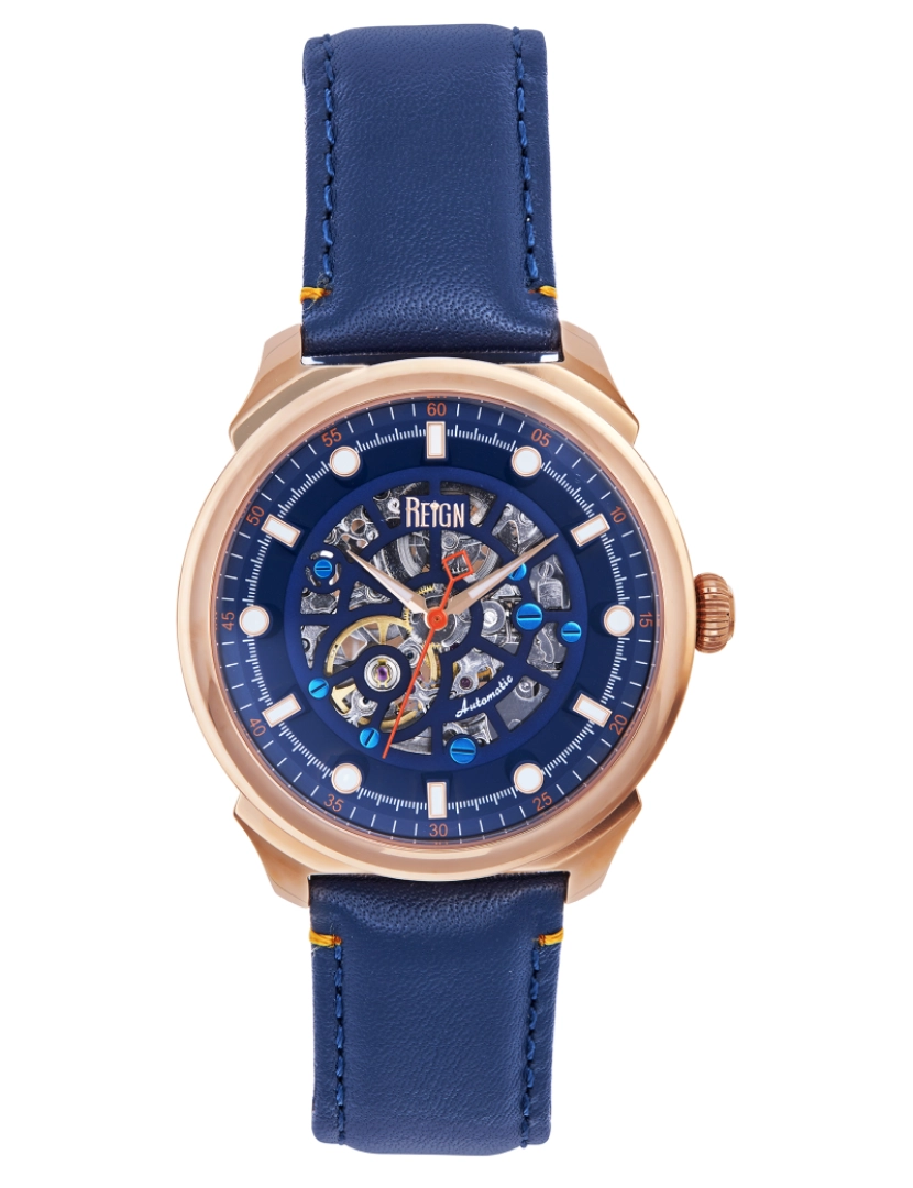 imagem de Relógio automático com pulseira de couro esqueletizado Reign Weston - ouro rosa/azul1