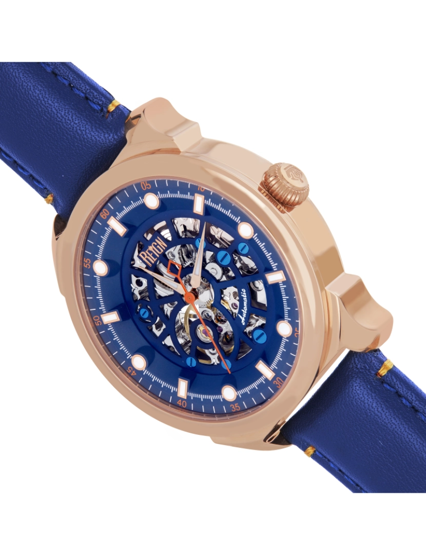 imagem de Relógio automático com pulseira de couro esqueletizado Reign Weston - ouro rosa/azul2
