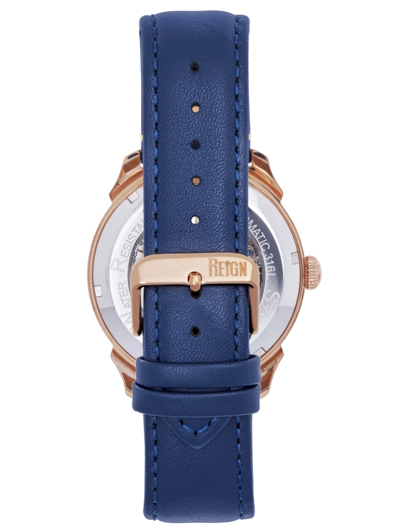imagem de Relógio automático com pulseira de couro esqueletizado Reign Weston - ouro rosa/azul3