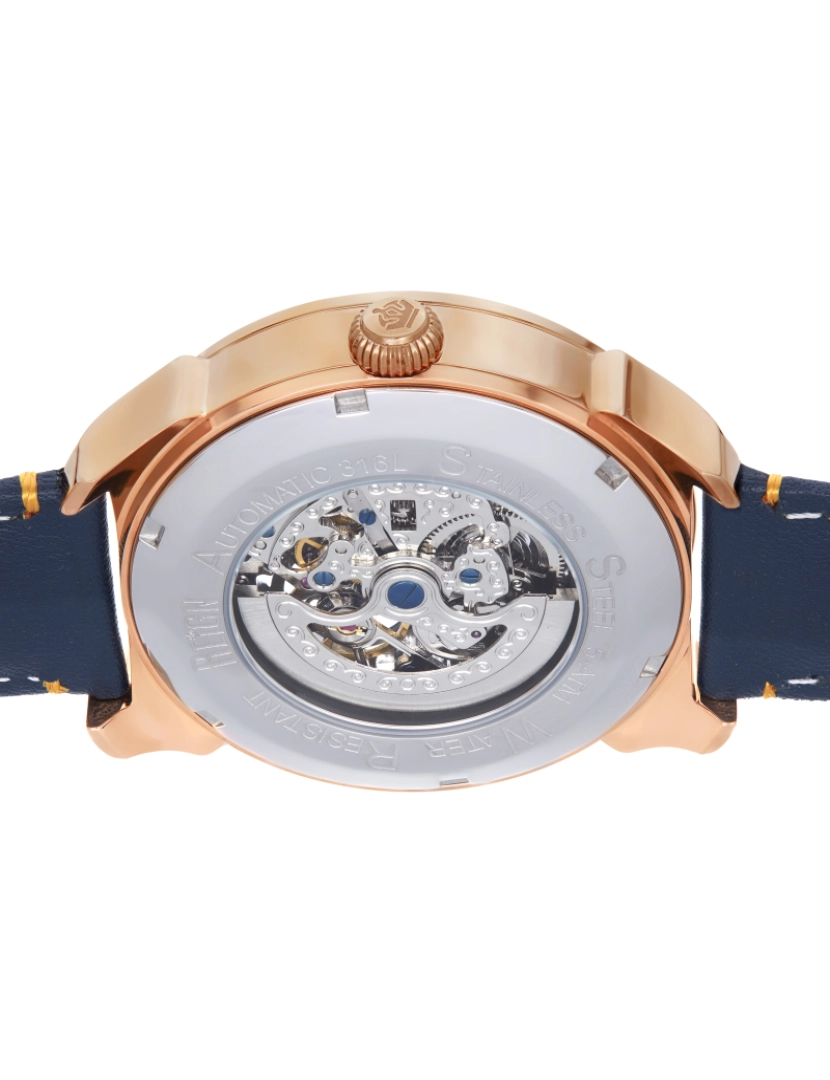 imagem de Relógio automático com pulseira de couro esqueletizado Reign Weston - ouro rosa/azul4