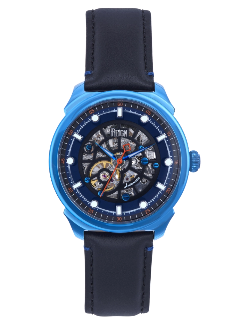 Reign - Relógio automático com pulseira de couro esqueletizado Reign Weston - Azul/Preto