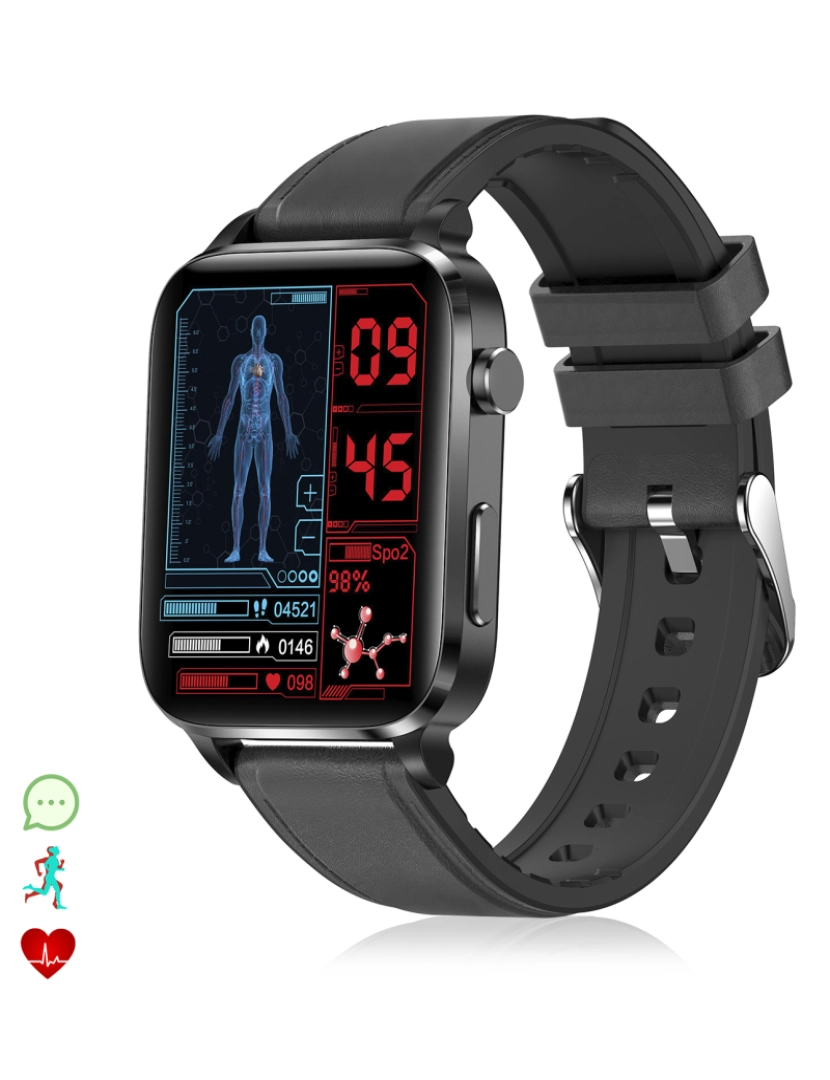 DAM - DAM  Smartwatch F100 com terapia de saúde a laser de sonda dupla. Monitor de O2, tensão e termômetro. Vários modos esportivos. Pulseira de couro. 3,7x1,1x4,2cm. Cor preta