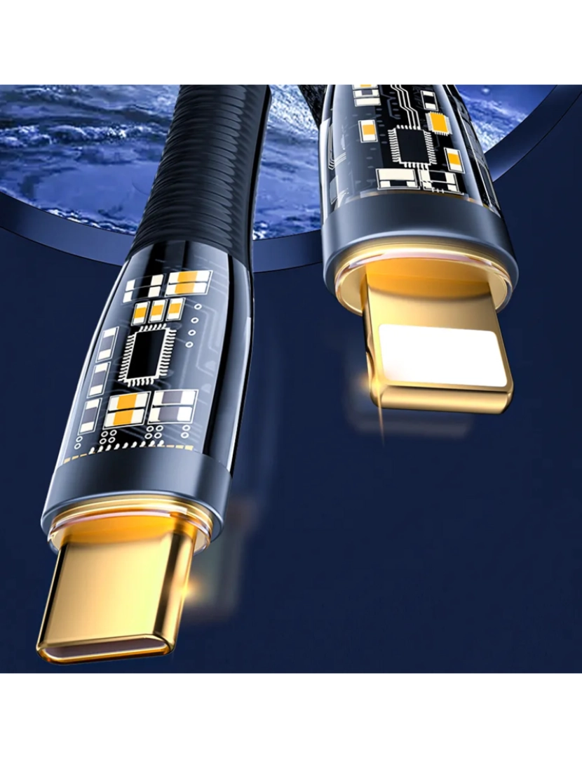 imagem de DAM Cabo  USB-C para Lightning PD20W. Comprimento: 1,2 metros, diâmetro externo 3,5 mm. Com luz LED. 120x0,5x0,5 cm. Cor preta4