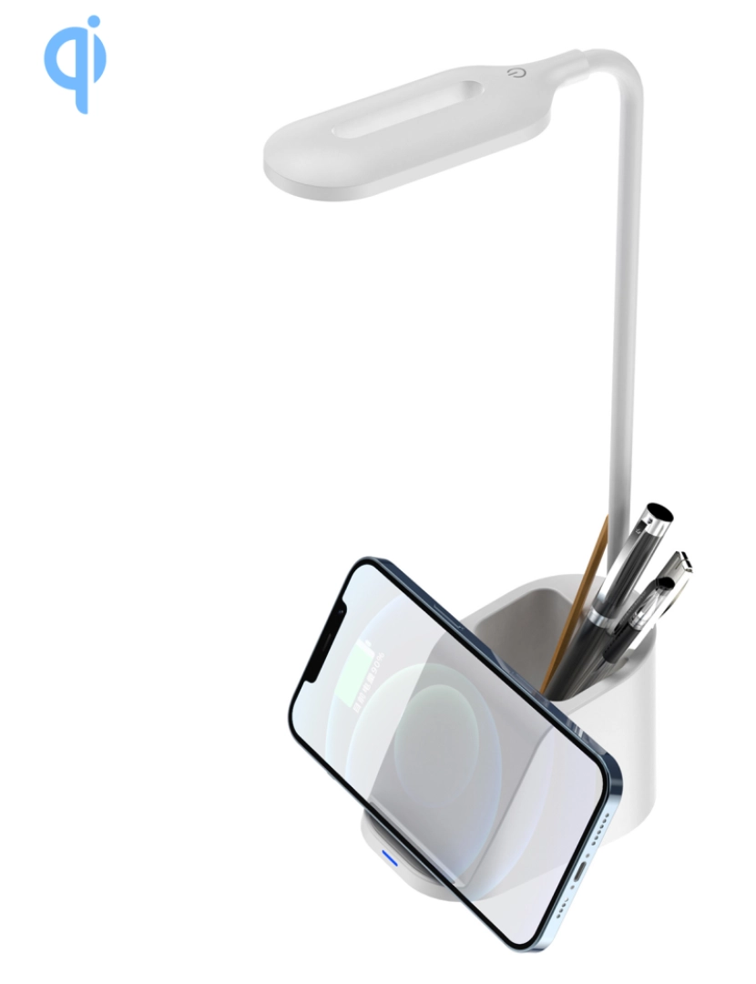 DAM - DAM Porta-canetas multifuncional  com carregador sem fio Qi, lâmpada LED ajustável e rotação de 360. 16x7,5x31 Cm. Cor branca